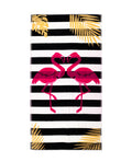 FLAMINGO GOLD fekete strandtörölköző 165x90 cm – olasz flamingó arany mintás design, 100% pamut, ÖKO-TEX