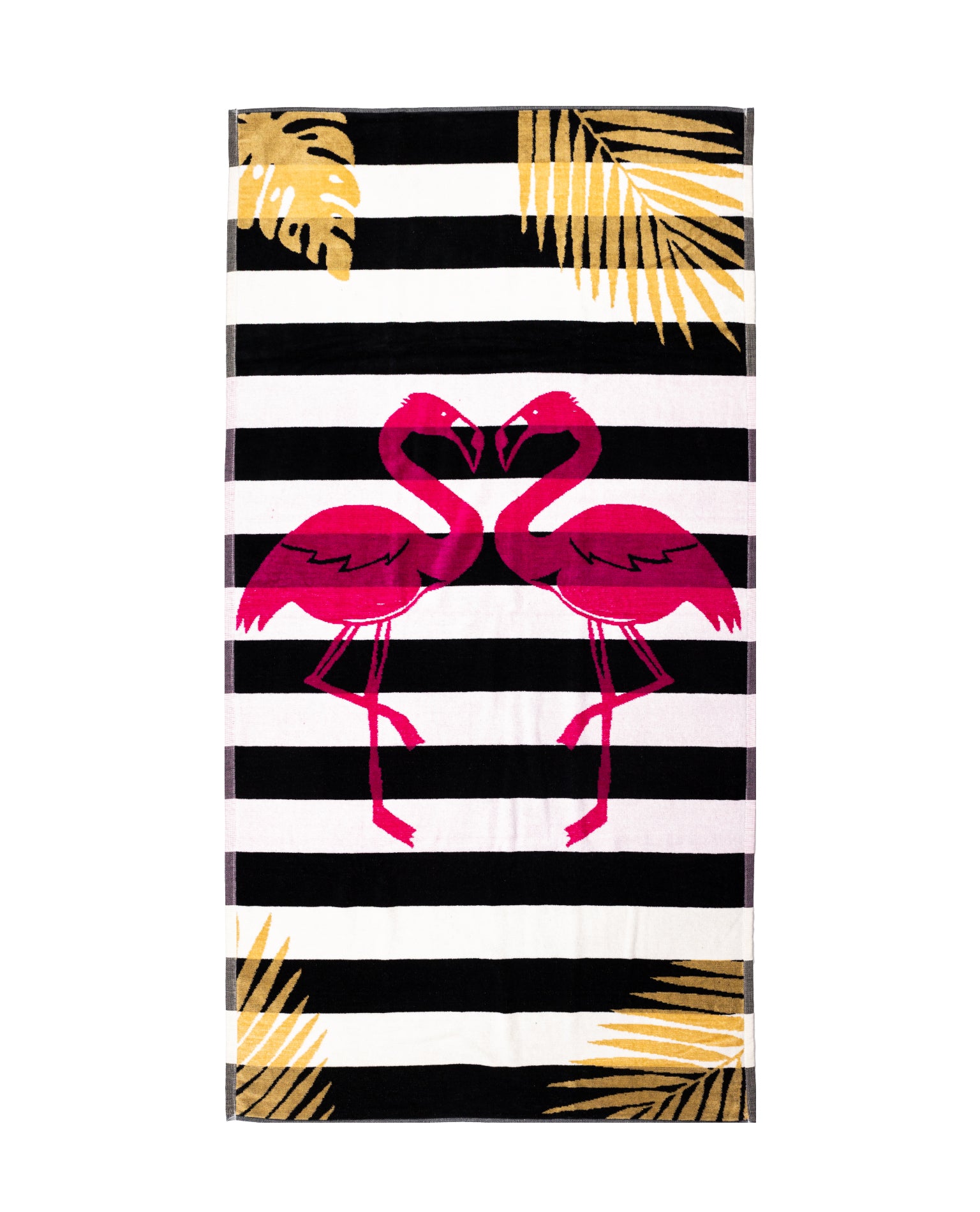 FLAMINGO GOLD fekete strandtörölköző 165x90 cm – olasz flamingó arany mintás design, 100% pamut, ÖKO-TEX