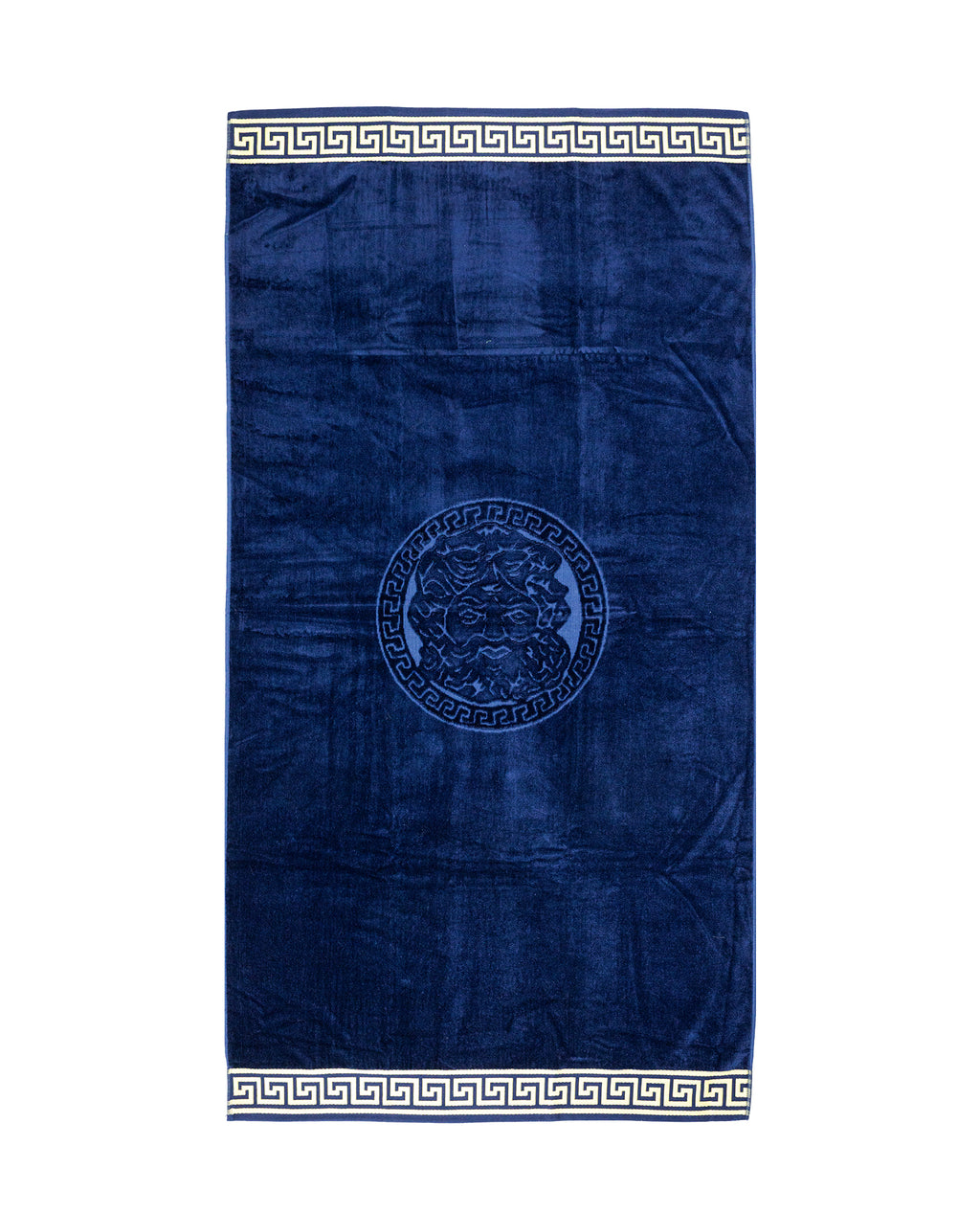 POSEIDON sötétkék strandtörölköző 165x90 cm – görög mintás design, 100% pamut, ÖKO-TEX