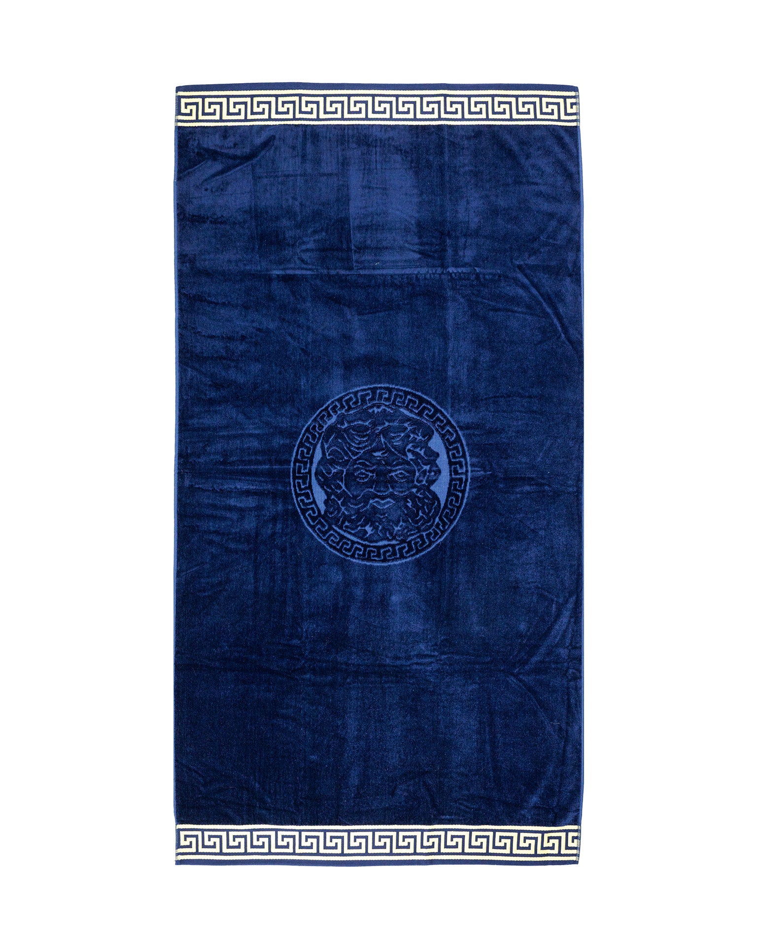 POSEIDON sötétkék strandtörölköző 165x90 cm – görög mintás design, 100% pamut, ÖKO-TEX