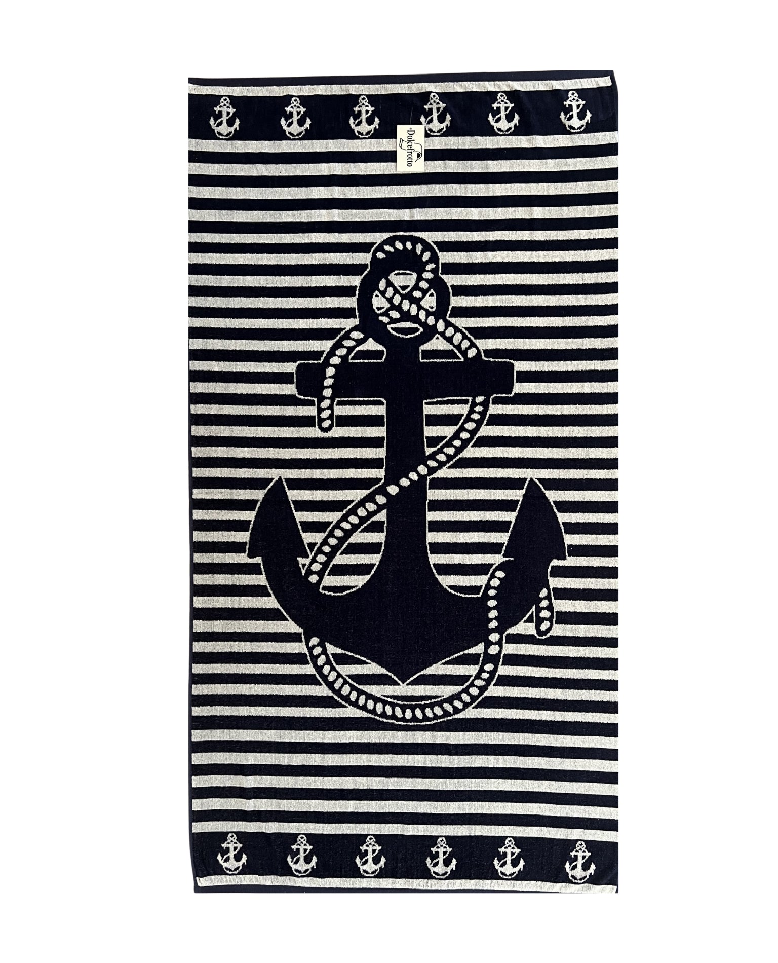 XXL Strandtuch mit maritimem Anker-Streifendesign in Weiß, ausgebreitet – Bahia Kollektion von Dolcefrotto