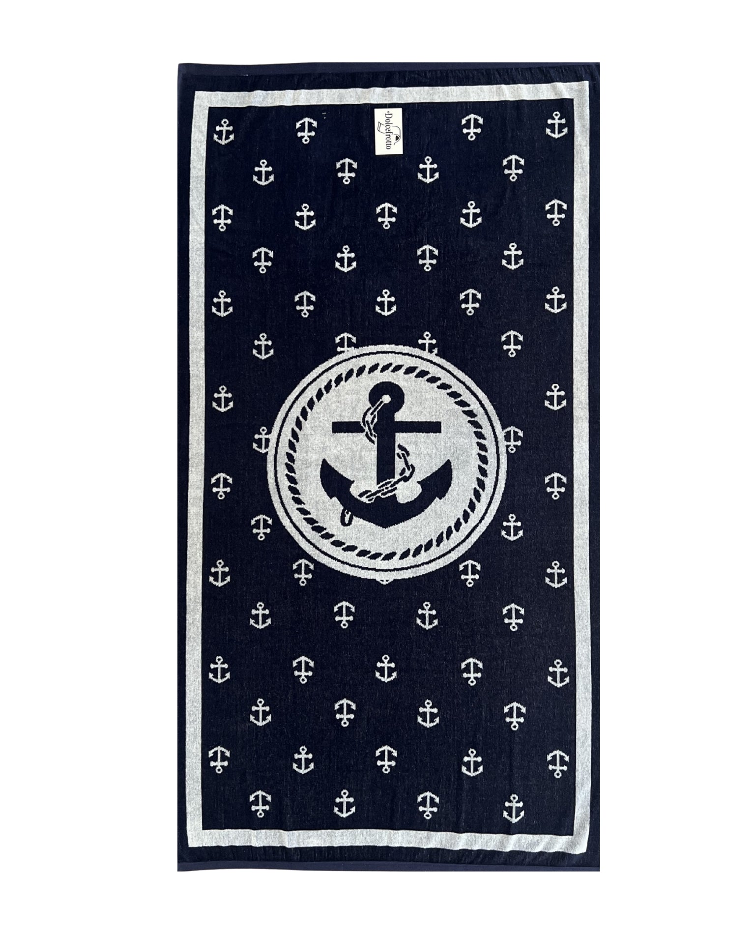 XXL Strandtuch mit maritimem Anker-Streifendesign in Blau, ausgebreitet – Bahia Kollektion von Dolcefrotto