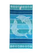 XXL Strandtuch mit Delfin- und Streifendesign in Türkis, ausgebreitet – Pantelleria Kollektion von Dolcefrotto
