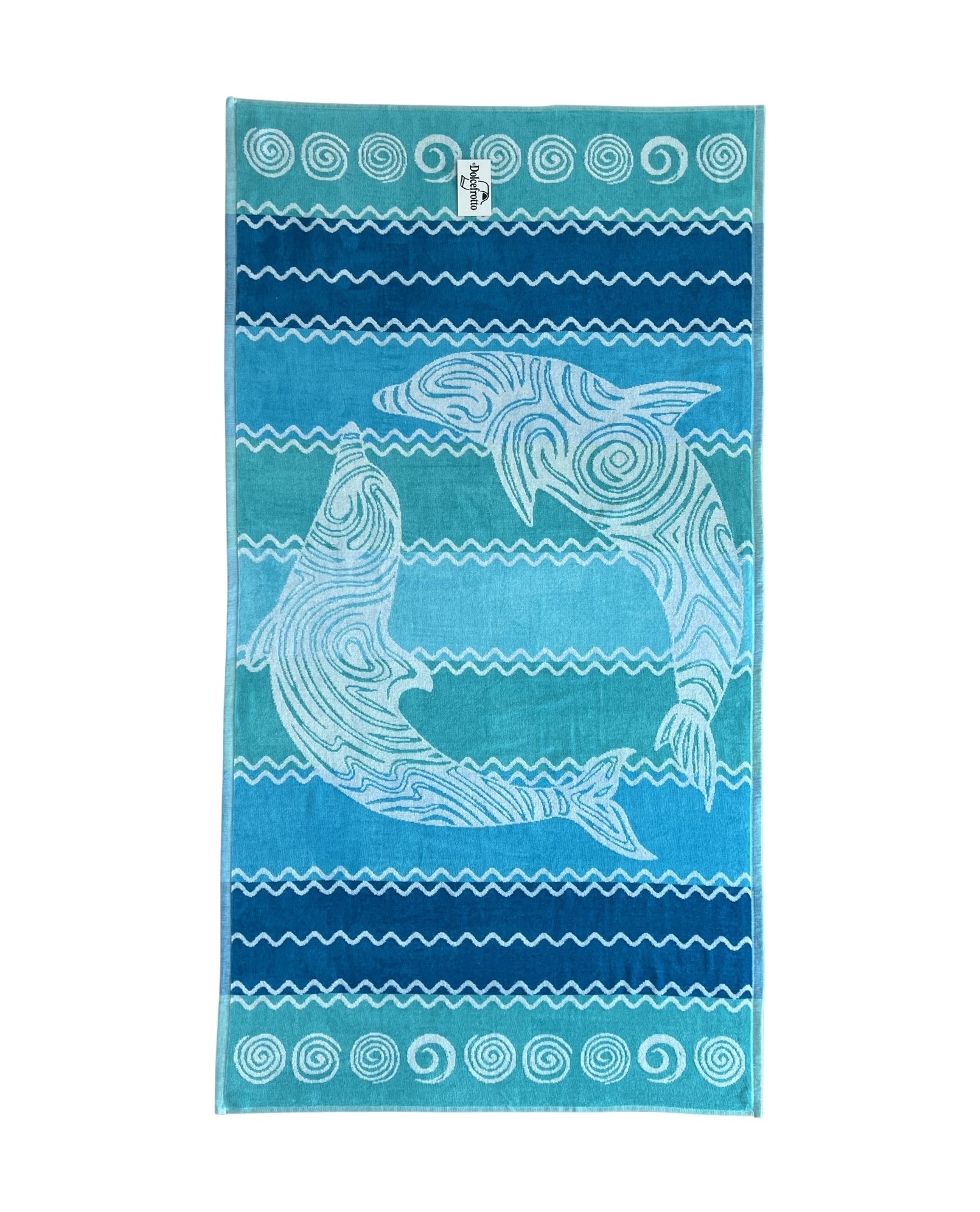 XXL Strandtuch mit Delfin- und Streifendesign in Türkis, ausgebreitet – Pantelleria Kollektion von Dolcefrotto