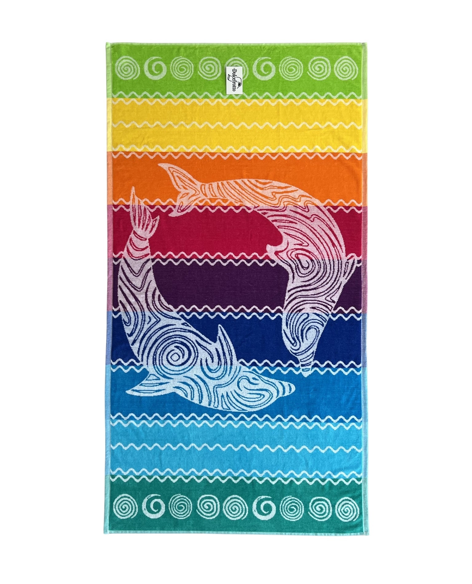 XXL Strandtuch mit Delfin- und Streifendesign in Regenbogenfarben, ausgebreitet – Pantelleria Kollektion von Dolcefrotto
