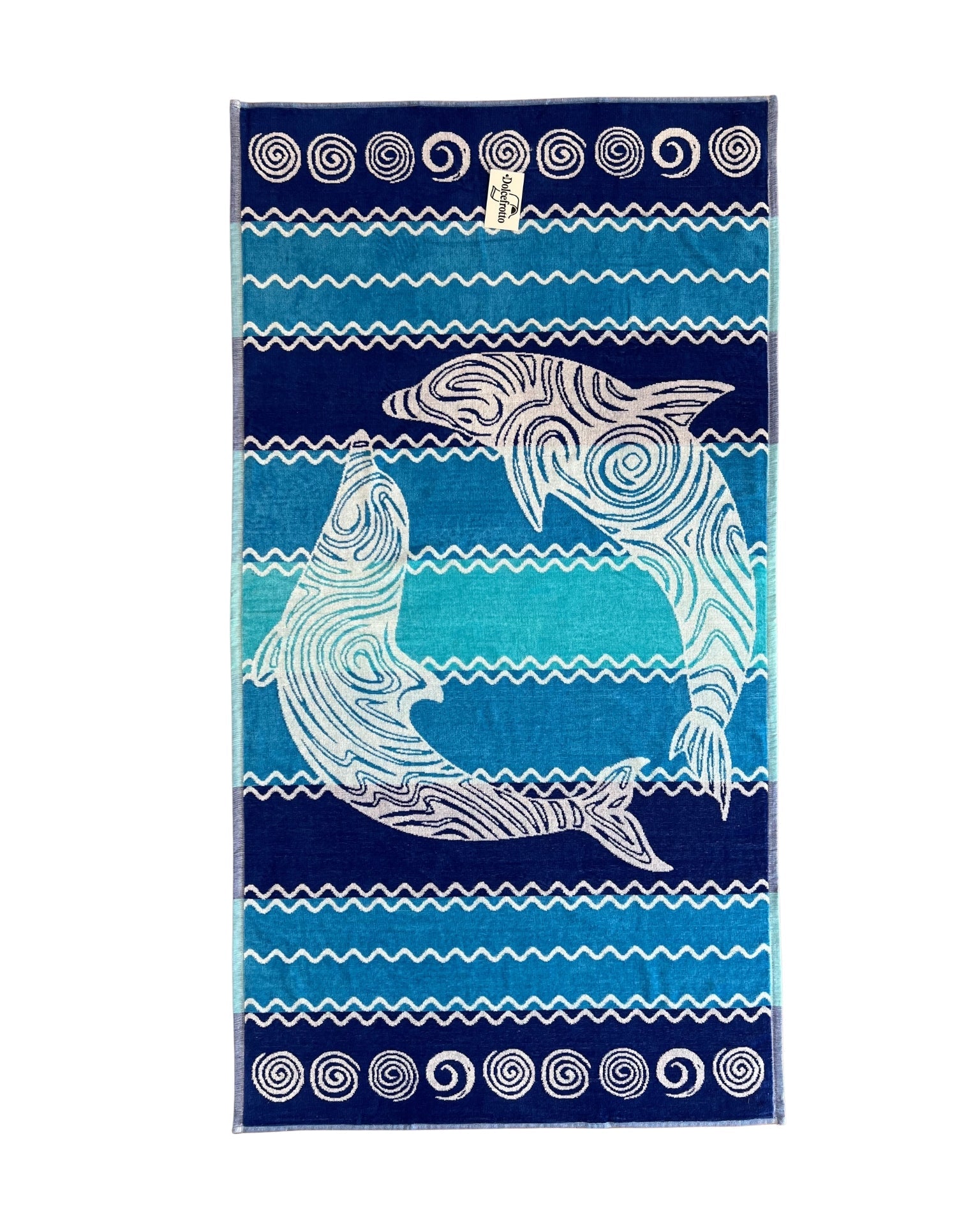 XXL Strandtuch mit Delfin- und Streifendesign in Navy, ausgebreitet – Pantelleria Kollektion von Dolcefrotto