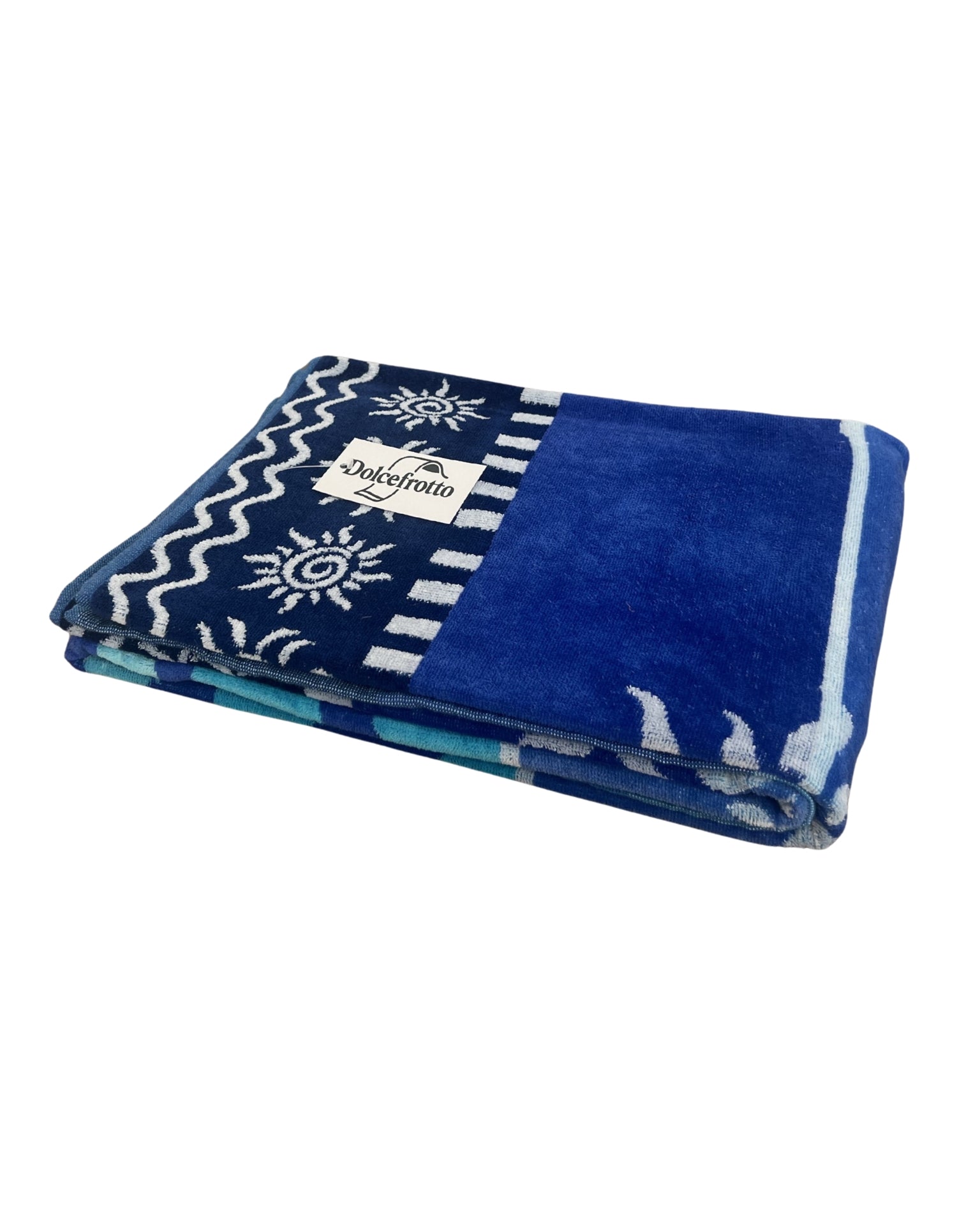 XXL Strandtuch mit Sonnen-Design und Streifen in Blau, gefaltet mit Logo – Stromboli Kollektion von Dolcefrotto