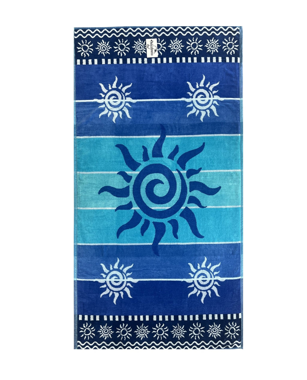 XXL Strandtuch mit Sonnen-Design und Streifen in Blau, ausgebreitet – Stromboli Kollektion von Dolcefrotto