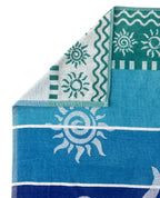 XXL Strandtuch mit Sonnen-Design und Streifen in Regenbogenfarben, Ecke und Detailansicht – Stromboli Kollektion von Dolcefrotto