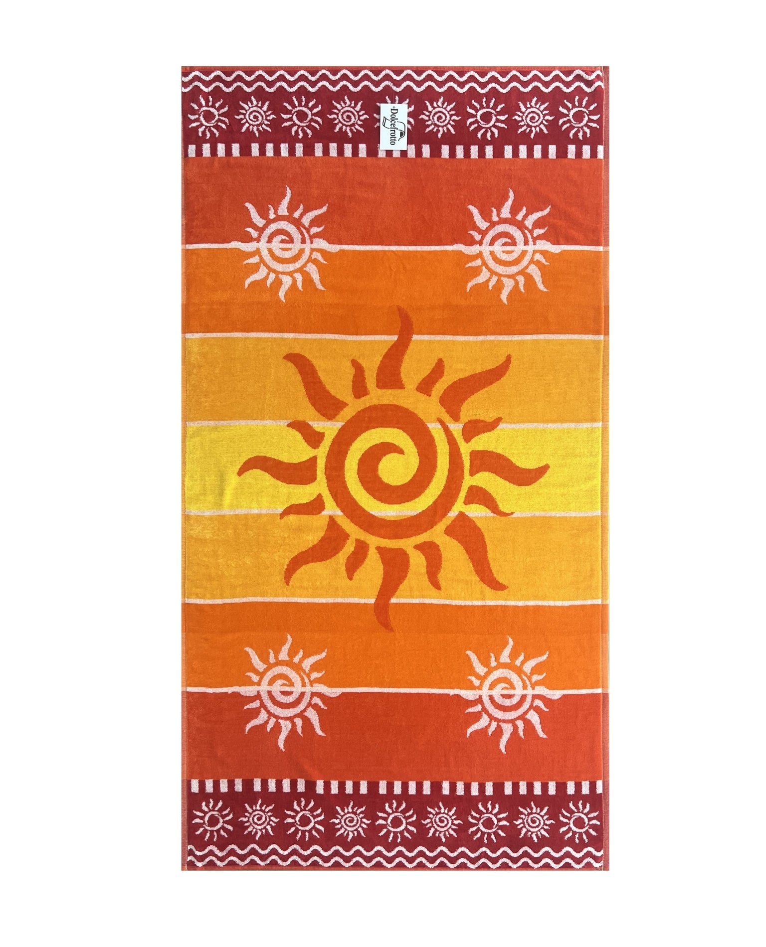 XXL Strandtuch mit Sonnen-Design und Streifen in Rot, ausgebreitet – Stromboli Kollektion von Dolcefrotto